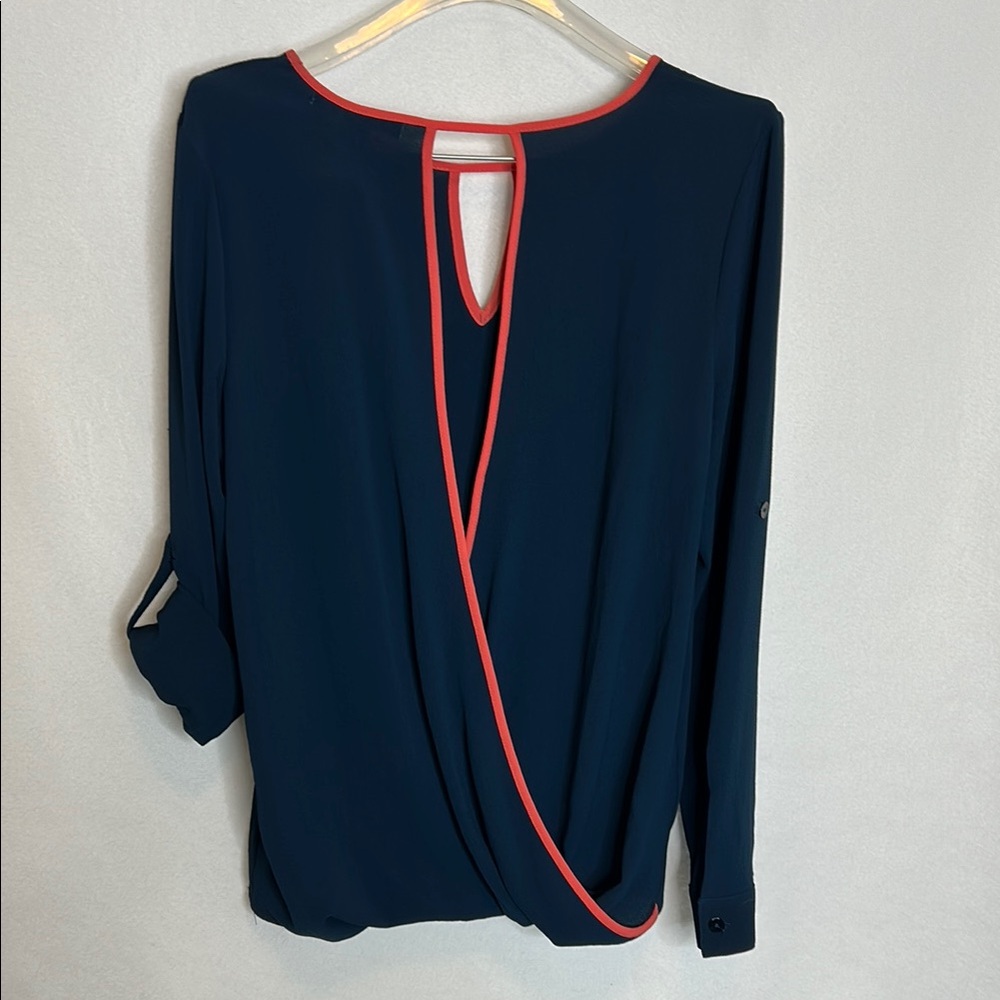 Navy Blue Long Sleeve Top with Salmon Colored Trim - Picture 7 of 7